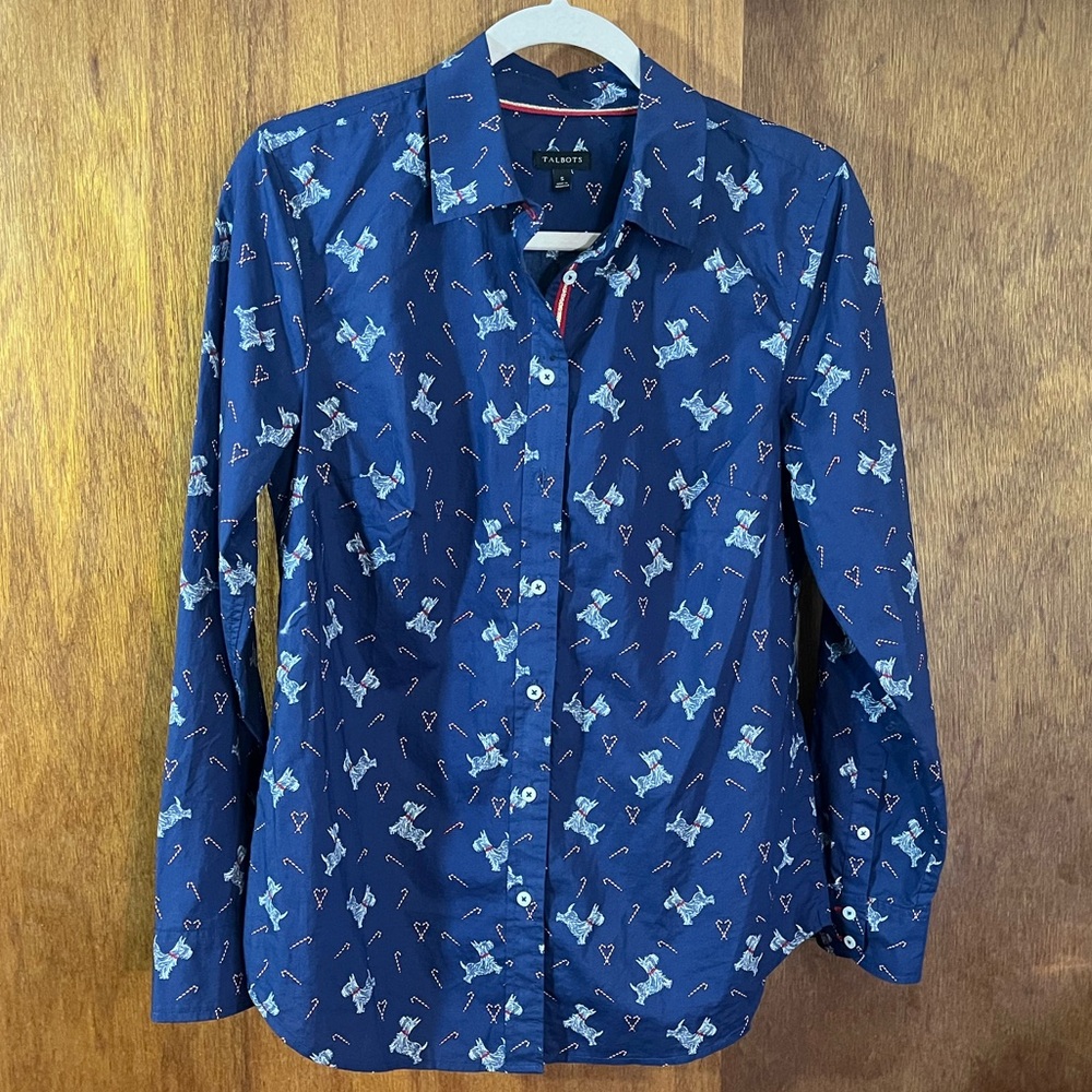 TALBOTS Christmas Scottie Dog & Candy Cane Navy Shirt Sz S